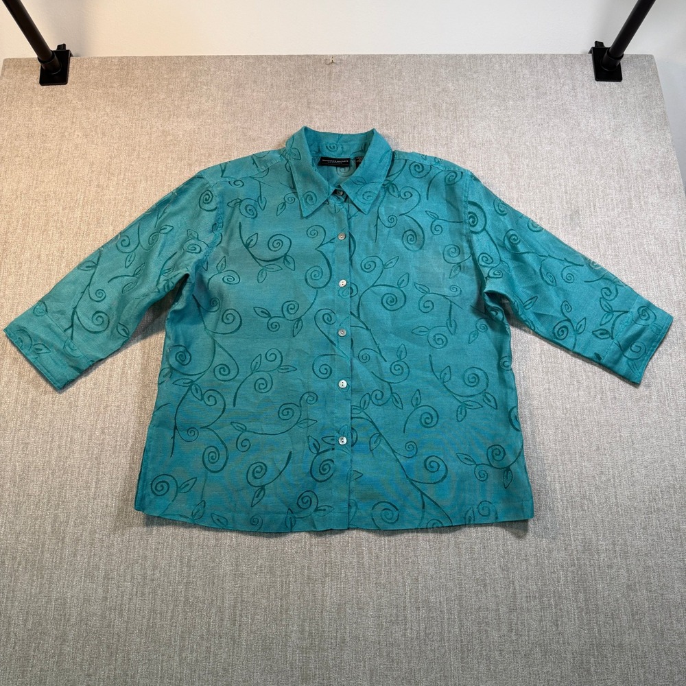 Goodclothes Classics Teal Burnout Scroll Linen Blend Blouse Large JLBB0036